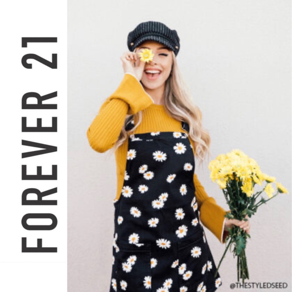 Floral Daisy Denim Overalls Skirt Dress in Black & White